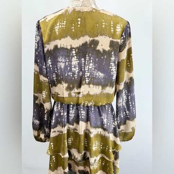 ADRIENNE Gray/lavender & green abstract print surplice layered mini dress size S - Picture 4 of 14